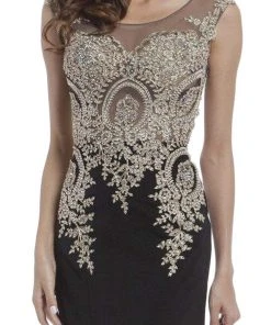 Cinderella Divine - Cap Sleeve Illusion Bateau Metallic Lace Evening Gown