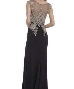 Cinderella Divine - Cap Sleeve Illusion Bateau Metallic Lace Evening Gown