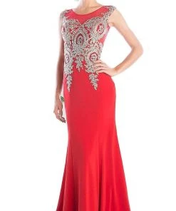 Cinderella Divine - Cap Sleeve Illusion Bateau Metallic Lace Evening Gown