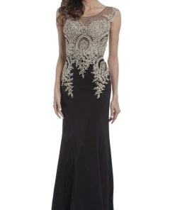 Cinderella Divine - Cap Sleeve Illusion Bateau Metallic Lace Evening Gown