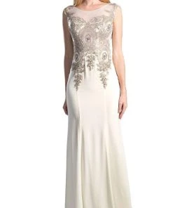 Cinderella Divine - Cap Sleeve Illusion Bateau Metallic Lace Evening Gown