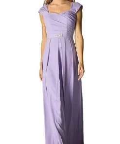 Cinderella Divine - Cap Sleeve Pleated Bodice A-Line Long Formal Dress Formal Gowns