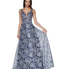 Cinderella Divine - CD0131 Floral Embellished Deep V-neck A-line Dress