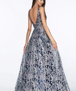 Cinderella Divine - CD0131 Floral Embellished Deep V-neck A-line Dress 5 Cinderella Divine - CD0131 Floral Embellished Deep V-neck A-line Dress