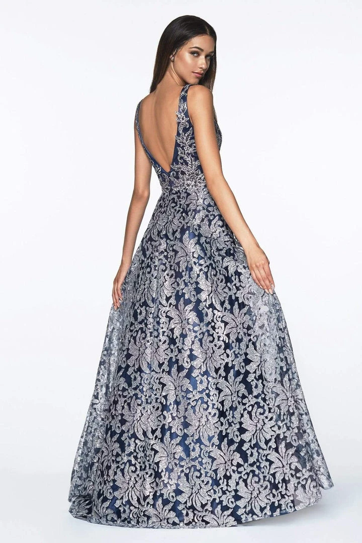 Cinderella Divine - CD0131 Floral Embellished Deep V-neck A-line Dress 4 Cinderella Divine - CD0131 Floral Embellished Deep V-neck A-line Dress