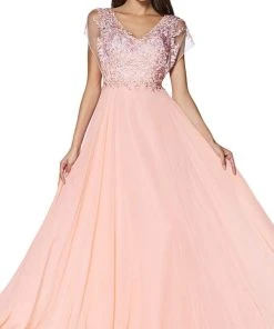 Cinderella Divine - CD0135 Lace V-neck Chiffon A-line Dress