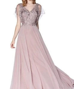 Cinderella Divine - CD0135 Lace V-neck Chiffon A-line Dress