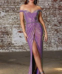 Cinderella Divine - CD158 Sequined Off-Shoulder Gown With Slit Formal Gowns