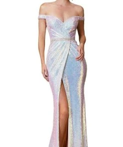 Cinderella Divine - CD158 Sequined Off-Shoulder Gown With Slit Formal Gowns