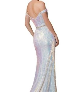 Cinderella Divine - CD158 Sequined Off-Shoulder Gown With Slit Formal Gowns