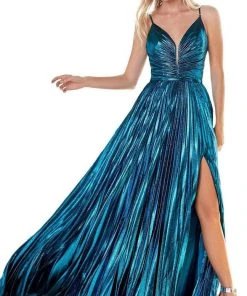 Cinderella Divine - CD161 Illusion Plunging Neck Metallic A-Line Dress