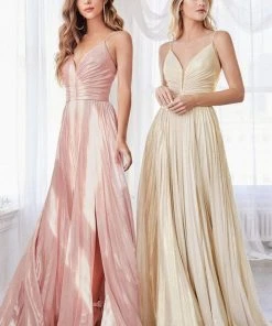 Cinderella Divine - CD161 Illusion Plunging Neck Metallic A-Line Dress