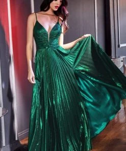 Cinderella Divine - CD161 Illusion Plunging Neck Metallic A-Line Dress