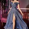 Cinderella Divine - CD162 Long Off Shoulder Metallic High Slit Dress Formal Gowns