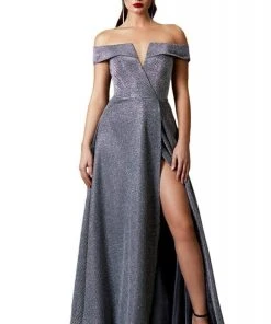 Cinderella Divine - CD162 Long Off Shoulder Metallic High Slit Dress Formal Gowns
