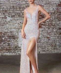 Cinderella Divine - CD187 Sequined Plunging V-Neck Dress With Slit Formal Gowns