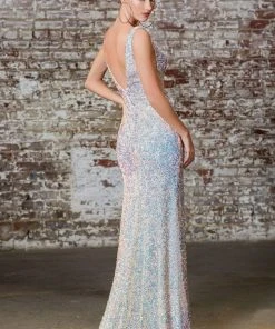 Cinderella Divine - CD187 Sequined Plunging V-Neck Dress With Slit Formal Gowns