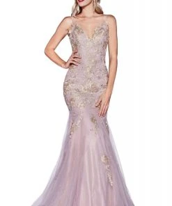 Cinderella Divine - CDS321 Gold Lace Applique Fitted Mermaid Gown