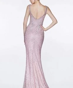 Cinderella Divine - CE0017 Beaded Lace Deep V-neck Trumpet Dress