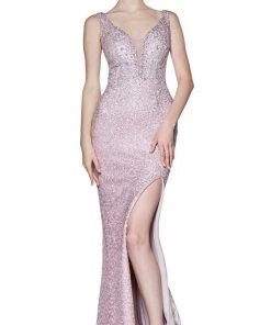 Cinderella Divine - CE0017 Beaded Lace Deep V-neck Trumpet Dress