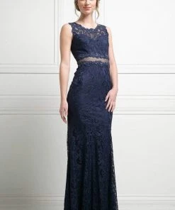 Cinderella Divine - CF067L Floral Lace Mock Two-Piece Sheath Long Formal Dress