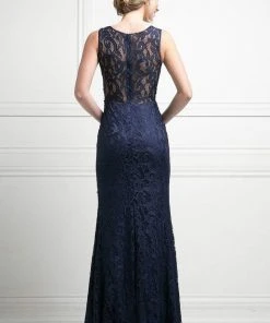 Cinderella Divine - CF067L Floral Lace Mock Two-Piece Sheath Long Formal Dress