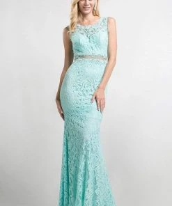 Cinderella Divine - CF067L Floral Lace Mock Two-Piece Sheath Long Formal Dress