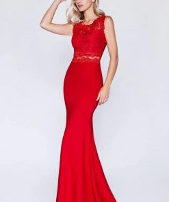 Formal Gowns Cinderella Divine - CF115 Sleeveless Lace Stretch Knit Sheath Dress