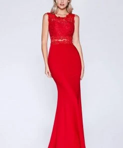 Formal Gowns Cinderella Divine - CF115 Sleeveless Lace Stretch Knit Sheath Dress