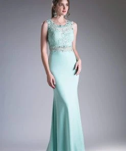 Formal Gowns Cinderella Divine - CF115 Sleeveless Lace Stretch Knit Sheath Dress