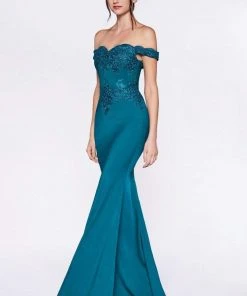 Cinderella Divine - CF158 Off Shoulder Stretch Crepe Satin Gown