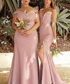 Cinderella Divine - CF158 Off Shoulder Stretch Crepe Satin Gown