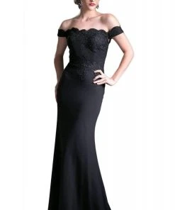 Cinderella Divine - CF158 Stretch Crepe Satin Off Shoulder Gown Formal Gowns