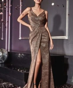 Formal Gowns Cinderella Divine - CF165 Metallic V-neck Sheath Dress With Slit