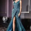 Formal Gowns Cinderella Divine - CF165 Metallic V-neck Sheath Dress With Slit
