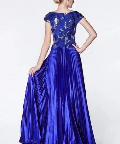 Cinderella Divine - CF337 Lace Bateau Pleated A-line Dress Formal Gowns