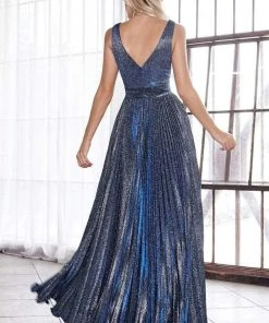 Formal Gowns Cinderella Divine - CH211 Plunging V-Neck Pleated Glitter Dress
