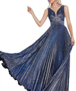 Formal Gowns Cinderella Divine - CH211 Plunging V-Neck Pleated Glitter Dress