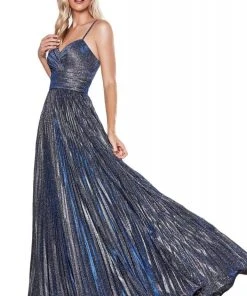 Formal Gowns Cinderella Divine - CH221 Pleated V-Neck Empire Glitter Dress