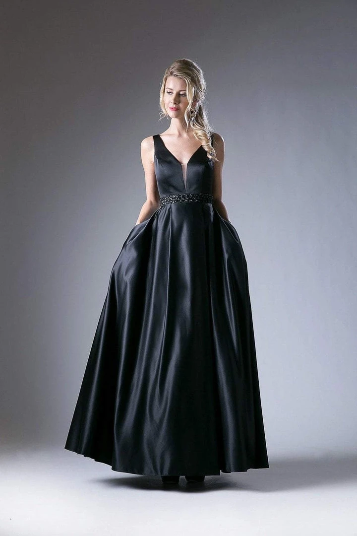 Cinderella Divine - CJ225 Beaded Belt Sleeveless Satin Evening Gown 3 Cinderella Divine - CJ225 Beaded Belt Sleeveless Satin Evening Gown