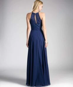Formal Gowns Cinderella Divine - CJ228 High Halter Lace Bodice A-Line Evening Gown