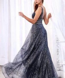 Formal Gowns Cinderella Divine - CJ256 V-Neck Glitter Print A-Line Prom Gown
