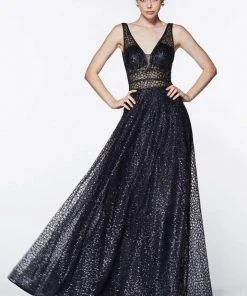Formal Gowns Cinderella Divine - CJ256 V-Neck Glitter Print A-Line Prom Gown