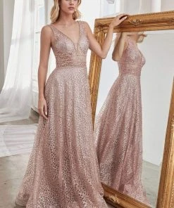 Formal Gowns Cinderella Divine - CJ256 V-Neck Glitter Print A-Line Prom Gown