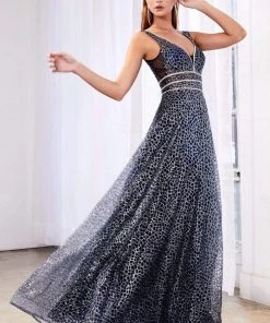 Formal Gowns Cinderella Divine - CJ256 V-Neck Glitter Print A-Line Prom Gown