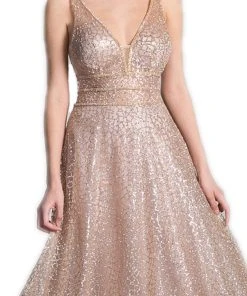 Formal Gowns Cinderella Divine - CJ256 V-Neck Glitter Print A-Line Prom Gown