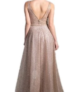 Formal Gowns Cinderella Divine - CJ256 V-Neck Glitter Print A-Line Prom Gown