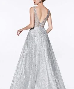 Formal Gowns Cinderella Divine - CJ256 V-Neck Glitter Print A-Line Prom Gown