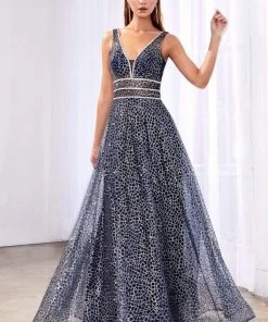 Formal Gowns Cinderella Divine - CJ256 V-Neck Glitter Print A-Line Prom Gown
