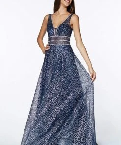 Formal Gowns Cinderella Divine - CJ256 V-Neck Glitter Print A-Line Prom Gown